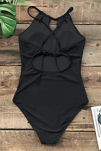 CUPSHE Women's One Piece Swimsuit High Neck Beach Swimwear Ruched Tummy Control Bathing Suit Swimming Costume Black M