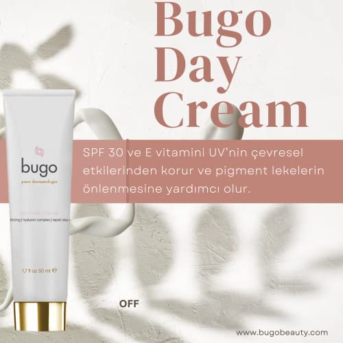 bugo Moisturizer Day Cream, Fully Vegan & Natural, Water Based and Repair Day Care Cream, Perfect Skin Care Face Cream, Suitable for Senstive Skin with Organic Unique Formula 50 mL.