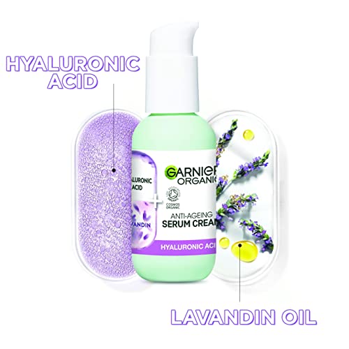 Garnier Organic Lavandin & Hyaluronic Acid Serum Cream, 2in1 Formula With Hyaluronic Acid serum & Hydrating Moisturiser, Replumps Skin & Reduces Fine Lines, Organic & Vegan Formula, 50ml