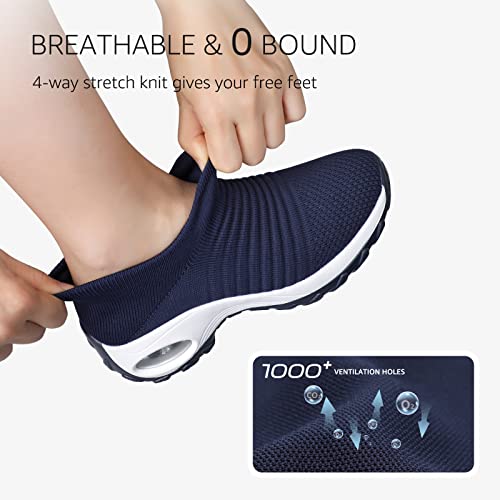 Womens Walking Slip on Platform Shoes Wide Fit Trainers Air Cushion Sneakers Fashion Loafers Shoes Gym Fitness Jogging Sports Shoes Navy UK3(1839shenlan35)