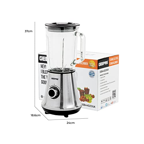 Geepas 700W Glass Jug Food Blender Smoothie Maker | Stainless Steel Cutting Blades, 3 Speed Control with Pulse & 1.5L Glass Jar | Powerful Copper Motor Jug Blender & Ice Crusher – 2 Year Warranty