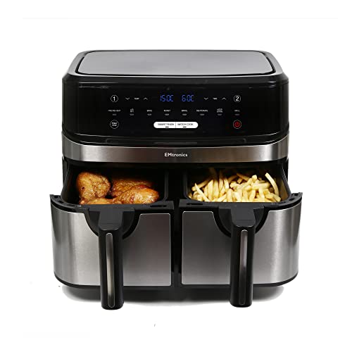 EMtronics EMAFDD9LSL Dual Air Fryer Extra Large Family Size Double XL 9 Litre with 8 Pre-Set Menus for Oil Free & Low Fat Healthy Cooking, Easy Clean Metal Interior, 99-Minute Timer - Stainless Steel