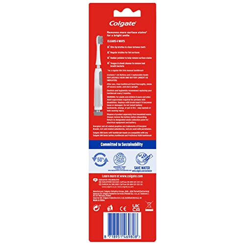 Colgate 360 Sonic Max White Battery Powered Toothbrush cleans in 4 ways and polishes teeth surface for a healthy, whole mouth clean with a replaceable head and a battery