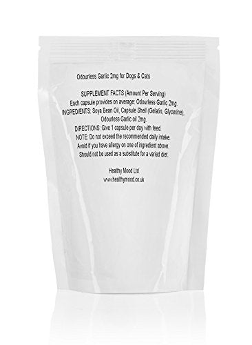 Odourless Garlic Oil 2mg for Dogs and Cats Pets Food Supplement 180 Capsules Reduced Levels of Anti-Social Garlic Breath Nutrition Supplements HEALTHY MOOD UK