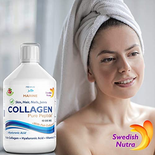 Swedish Nutra Ready to Drink Marine Collagen 10,000Mg Per Serving, Hyaluronic Acid, Healthy Skin, Hair, Nails & Joints, Berry Flavour, Liquid Offers Superior Absorption