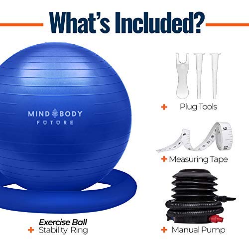 Yoga Ball Chair - Exercise Ball & Stability Ring. For Pregnancy, Balance, Pilates or Birthing Therapy. Use at Office, Gym or Home. Anti-Burst and Anti-Slip Premium Grade (65cm, Regal Blue)