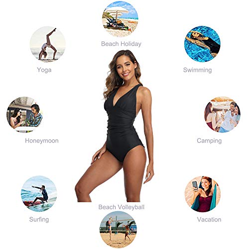 Derssity One Piece Swimsuit Ruched Tummy Control Swimming Costume for Women Plus Size V Neck Swimwear Bikini Bathing Suit(Black,M)