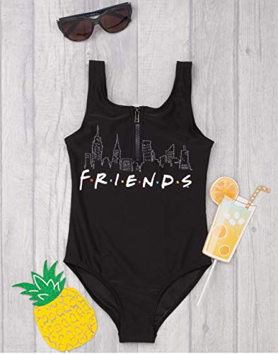 Friends Swimsuit for Girls | Kids F.R.I.E.N.D.S Black Swimming Costume | Cityscape Logo Children's Swimwear Suit with Zip | All in One Swimwear TV Show Gift