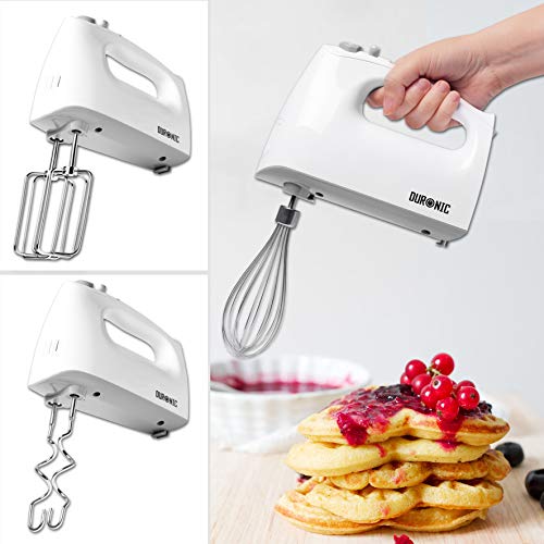 Duronic Hand Mixer for Baking Electric Whisk Handheld HM4W Storage Stand Case White 5 Speed Turbo 400W 2 Beaters 2 Dough Hooks 1 Whisk