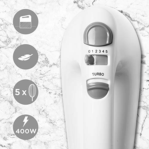 Duronic Hand Mixer for Baking Electric Whisk Handheld HM4W Storage Stand Case White 5 Speed Turbo 400W 2 Beaters 2 Dough Hooks 1 Whisk