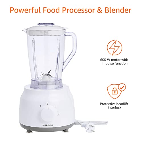 Amazon Basics Multi-Function Food Processor & Juice / Smoothie Blender, 600W with 2.4L Mixing Bowl & 1.25L Blender Jug, White