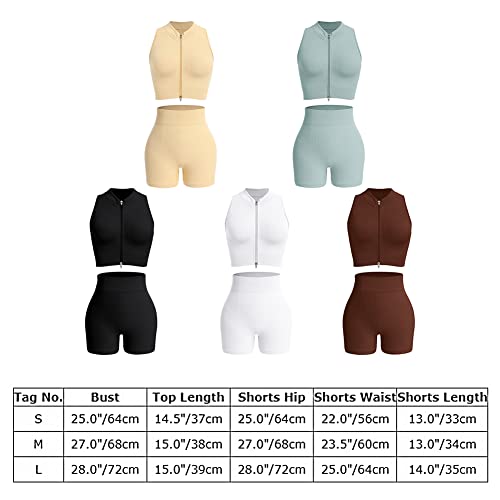 IDOPIP Two Piece Outfits for Women Workout Gym Sets Seamless Ribbed Zip Up Sleeveless Crop Top High Waist Biker Shorts Tracksuit Sportswear Activewear Khaki M