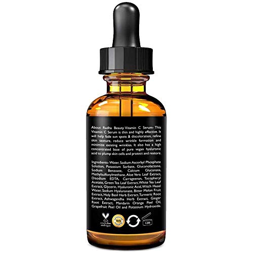 Radha Beauty Natural Vitamin C Serum for Face, 60mL - 20% Organic Vitamin C + Vitamin E + Hyaluronic Acid, Facial Serum for Anti-Aging, Wrinkles, and Fine Lines