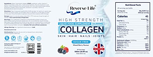 Reverse Life Marine Collagen Liquid Supplement Drink - High-Strength 10,000mg Hydrolysed Peptide Infused with Vitamin,C, D, Hyaluronic Acid, Biotin for Hair, Skin, Joints and Nails, 500ml