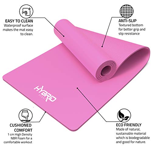 HYBRID Yoga Mat PREMIUM High-Density NBR Foam with Carrying Strap - Non Slip Eco-Friendly Indoor Outdoor Exercise Mat for Home, Gym - 183 x 60 x 1 cm Thick Pilates Mats for Women and Men (Pink)