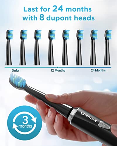 Sonic Electric Toothbrush for Adults and Kids - PHYLIAN H7 Rechargeable Whitening Toothbrush with 8 Duponts Brush Heads, 5 Modes, 3 Hours Fast Charge for 120 Days (Black)