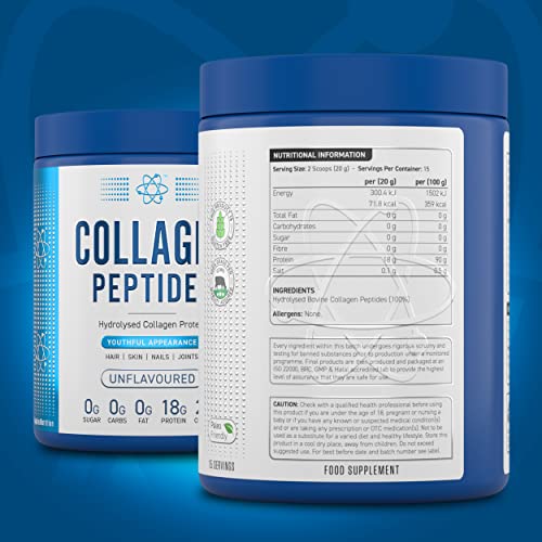 Applied Nutrition Collagen Peptides Powder - Hydrolysed Bovine Collagen Protein, Halal, Healthy Skin, Hair, Nails (Unflavoured) (300g - 15 Servings)