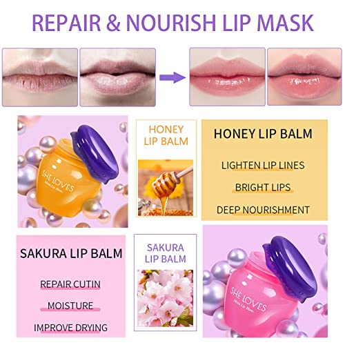 Lip Sleeping Mask Lip Balm Skincare Set,Honey Sakura Moisturizing Lip Plumper Care Day Night Repair,Prevent Dry Crack,Lip Line Reducing,Clearing Dead Skin,Lipstick Primer,Unisex 2 Count