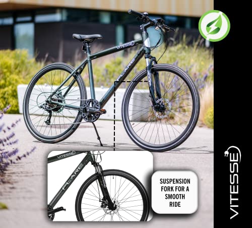 Vitesse Flare Hybrid Electric Bike for Adults, 45 Miles Range, 8 Speed Gears with 250w Rear Motor and Front Suspension for a Smooth Comfortable Ride, 21” Frame and 700C Wheels