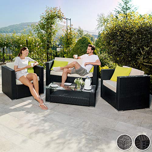 TecTake 800904 Rattan aluminium garden furniture sofa set with glass table, upholstery + 4 extra pillows with stainless steel screws | Perfect for Patio, garden, terrace or balcony (Black)