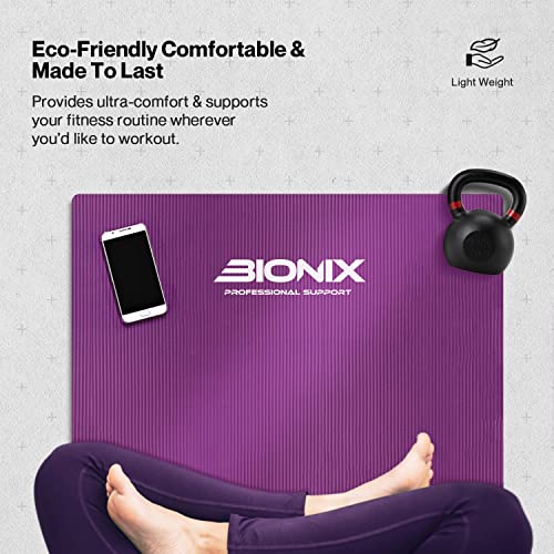 Bionix Yoga Mat for Exercise - 180cm x 60cm Extra Thick NBR Exercise Mat for Men and Women - Non Slip Gym Mat with Carry Handle Strap for Camping, Home Gym, Pilates and Gymnastic Workout - Purple