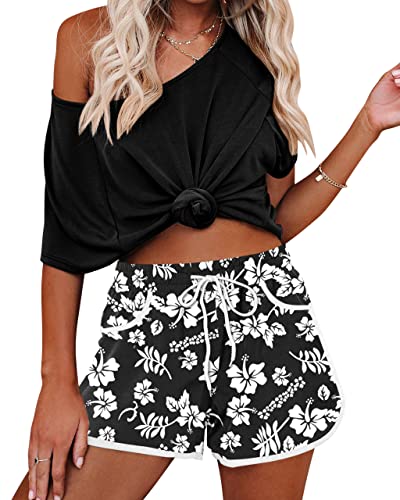 For G and PL Women's Swimming Shorts Breathable Swimwear Ladies Sport Shorts Casual Beach Trunks with Adjustable Drawstring and Printed XL Black