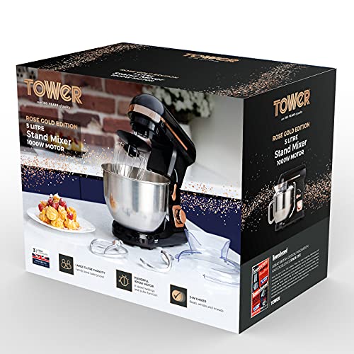 Tower T12033RG 3-in-1 5L Stand Mixer with 6 Speeds and Pulse Setting, 1000W, Rose Gold