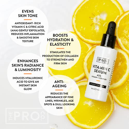 45% Vitamin C Serum for Face - Derived from Sodium Ascorbyl Phosphate - Anti Ageing, Dark Spot, Hyperpigmentation Treatment - Brightens, Hydrates Skin, Gently Exfoliates with AHA - Made by The Pro Co.