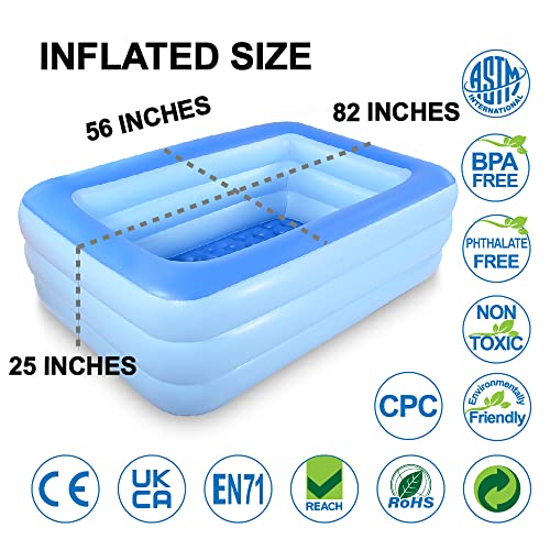 Inflatable Paddling pool, 208cm Giant Inflatable Deep Pool, Family Rectangle Swimming Pool with Inflatable Soft Floor for Backyard, Garden, Indoor (Blue)