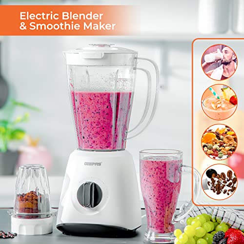 Geepas Electric Blender Smoothie Maker, Jug Blender 2 in 1 - 400W, White | Stainless Steel Blades| 1.5L Jar | Chopper, Coffee Grinder Smoothie Milkshake Maker,1 pack