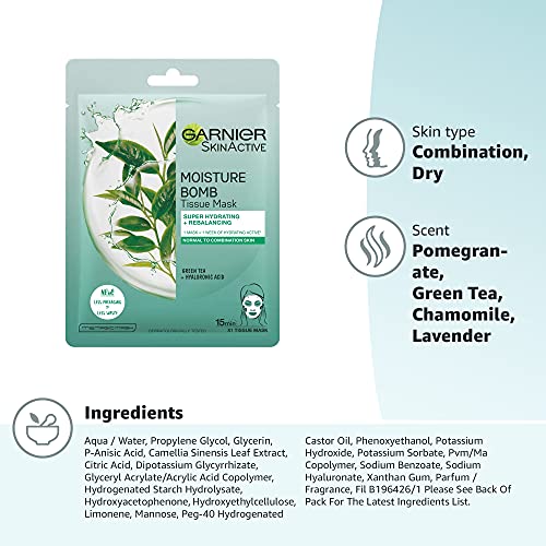 Garnier Moisture Bomb Green Tea and Hyaluronic Acid Sheet Mask, Hydrating & Rebalancing Face Mask, For Sensitive Skin, Biodegradable and Vegan Tissue, 28g