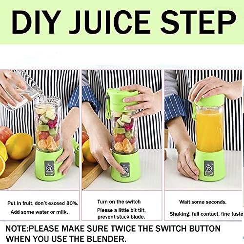 Portable Blender, Bottle for Smoothies and Shakes, Portable Smoothie Blender, Juicer Cup, Green 13Oz Personal Fruit Mini Blenders, USB Rechargeable Mixer With 6 Blades for Travel and Kitchen