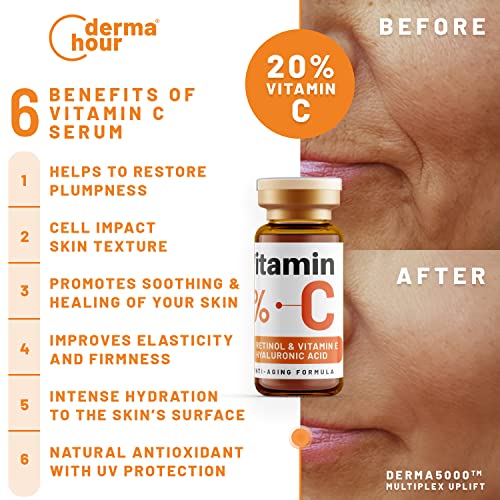 PREMIUM 20% Vitamin C Serum for Face by DermaHour. 8X Skin Moisturiser and Facial Anti-Aging Wrinkles Formula. Plump, Hydrating & Brightening