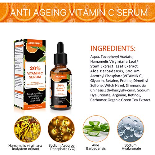 20% Vitamin C Serum For Face with Anti Aging & Wrinkle Facial Serum, Fades Dark Spots and Hyperpigmentation. Boost Skin Collagen, Brighten Hydrate & Plump Skin.(1 oz)