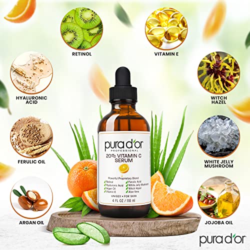 PURA D'OR 20% Vitamin C Serum (118 mL) With Hyaluronic Acid, Ferulic Acid, Vitamin E, Super Anti-Oxidants, Argan Oil & Aloe Vera - Professional Strength