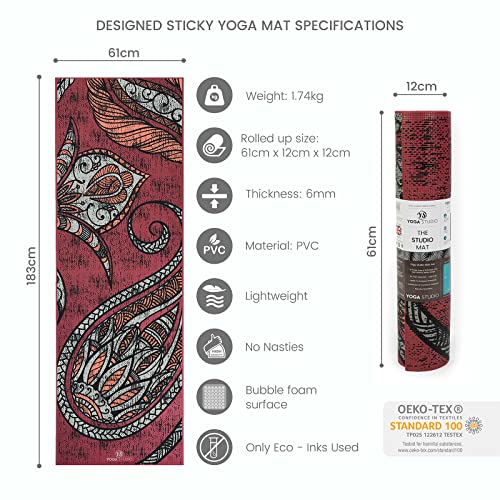 Yoga Studio Designed Yoga Mat - Eco Friendly Tear Proof PVC 6mm Non-Slip Premium Exercise Workout Mat for Yoga, Pilates, Meditation, & Gymnastics, 183cm x 61cm - (Burgundy/Pepper Paisley)