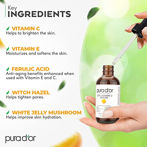 PURA D'OR 20% Vitamin C Serum (118 mL) With Hyaluronic Acid, Ferulic Acid, Vitamin E, Super Anti-Oxidants, Argan Oil & Aloe Vera - Professional Strength