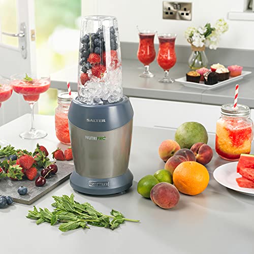 Salter EK2002V4SILVER NutriPro 1000 Blender Smoothie Maker Set, With Portable To Go Travel 800ml/1L Bottles and Lids, Healthy Juice Food Mixer Machine, Fruit/Vegetables/Soup/Milkshakes/Sauce, 1000W