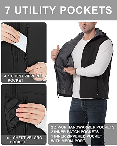 33,000ft Mens Softshell Gilet Activewear Vests Windproof Fleece Lined Outerwear Zipped Pockets Sleeveless Softshell Jacket for Leisure, Golf, Travelling Black (Hood) XL