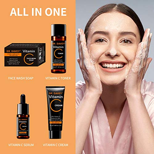 DR.DAVEY Organic Vitamin C Set Serum+Toner+Face Cream+Soap The BEST Hyaluronic Acid Serum For Skin & Face Professional Anti-Aging For Face/Neck/Eyes