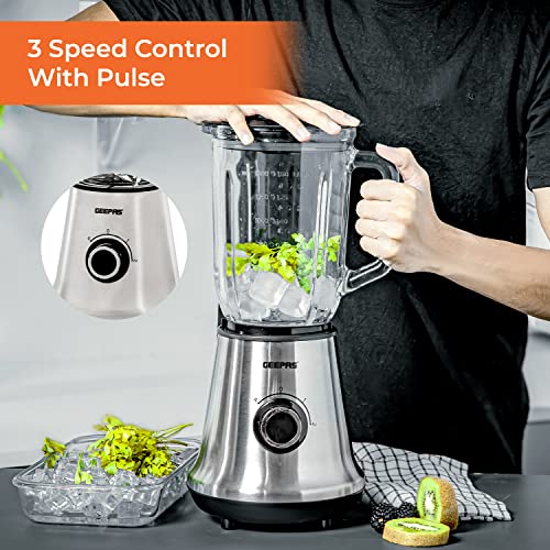 Geepas 700W Glass Jug Food Blender Smoothie Maker | Stainless Steel Cutting Blades, 3 Speed Control with Pulse & 1.5L Glass Jar | Powerful Copper Motor Jug Blender & Ice Crusher – 2 Year Warranty