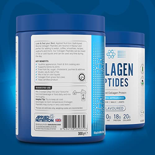 Applied Nutrition Collagen Peptides Powder - Hydrolysed Bovine Collagen Protein, Halal, Healthy Skin, Hair, Nails (Unflavoured) (300g - 15 Servings)