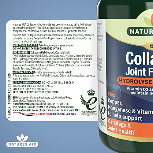 Natures Aid Collagen Joint Formula with Vitamin C, Copper and Manganese, Cartilage and Joint Health, 60 Capsules