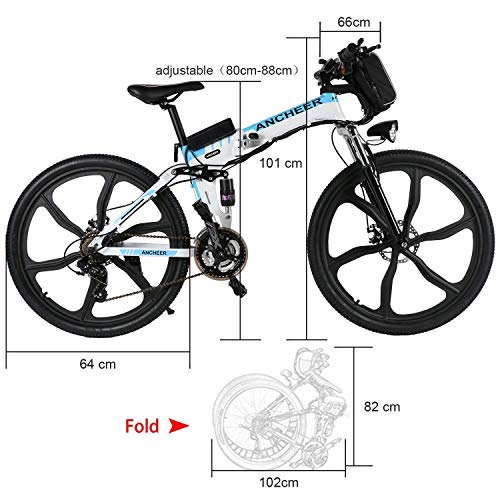 ANCHEER Electric Bike Electric Mountain Bike, 26 Inch Folding E-bike with Super Magnesium Alloy 6 Spokes Integrated Wheel, Premium Full Suspension and Shimano 21 Speed Gear (White)