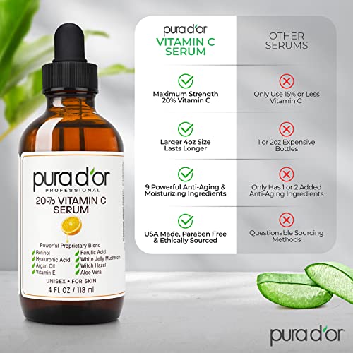 PURA D'OR 20% Vitamin C Serum (118 mL) With Hyaluronic Acid, Ferulic Acid, Vitamin E, Super Anti-Oxidants, Argan Oil & Aloe Vera - Professional Strength