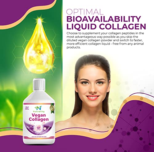 Nutrality Vegan Collagen Liquid Supplement - Premium-grade 5000mg Hydrolyzed Collagen Peptides with Silica, Biotin, Vitamin C, D3, E - Healthy Skin, Hair, Nails, Joints, Muscles - Berry Flavour, 500ml