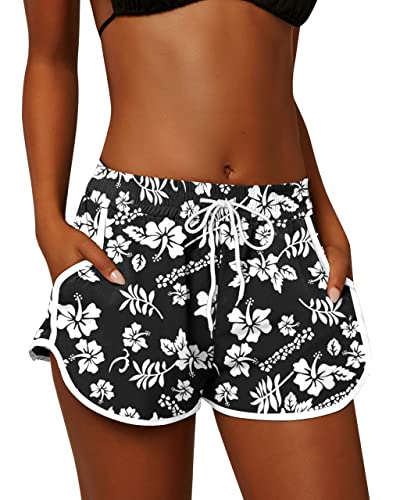 For G and PL Women's Swimming Shorts Breathable Swimwear Ladies Sport Shorts Casual Beach Trunks with Adjustable Drawstring and Printed XL Black