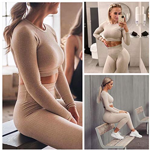 Buscando Womens Gym Sets 2 Piece Long Sleeve Workout Crop Top Tank Ribbed High Waist Seamless Leggings Tracksuits Activewear Yoga Outftis (L, Kahki)