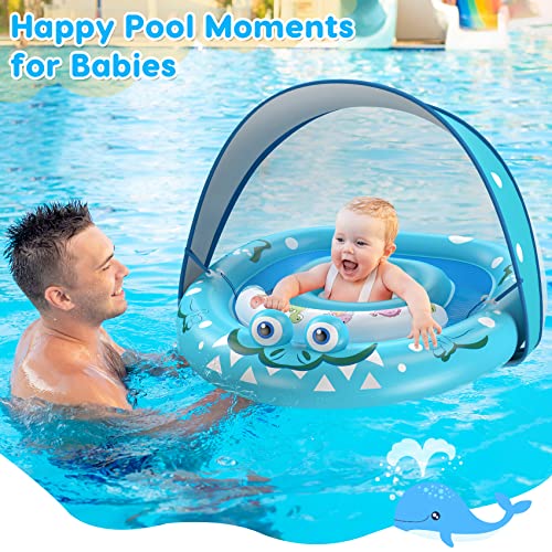 URMYWO Baby Swimming Float with SPF50+ Sun Protection Canopy Toddler Floaties Newborn Learning Swimming Adjustable Seat Pool Float for 3-36 Months Blue