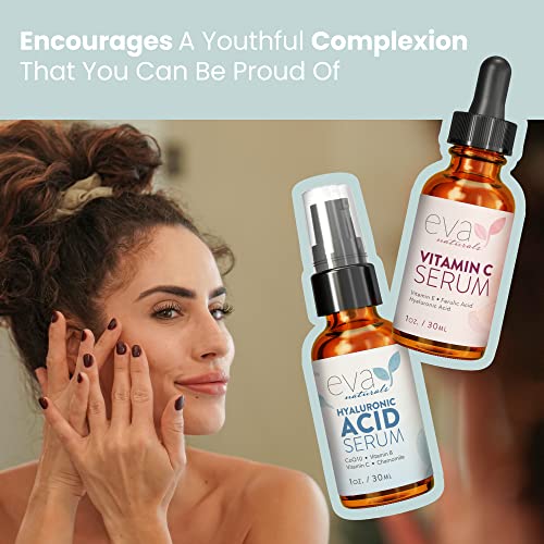 Eva Naturals Hydrate and Brighten Skincare Bundle - Includes Hyaluronic Acid Serum and 20% Vitamin C Serum - Restores Lost Moisture, Plumps Skin while Toning and Brightens and Smooths the Complexion